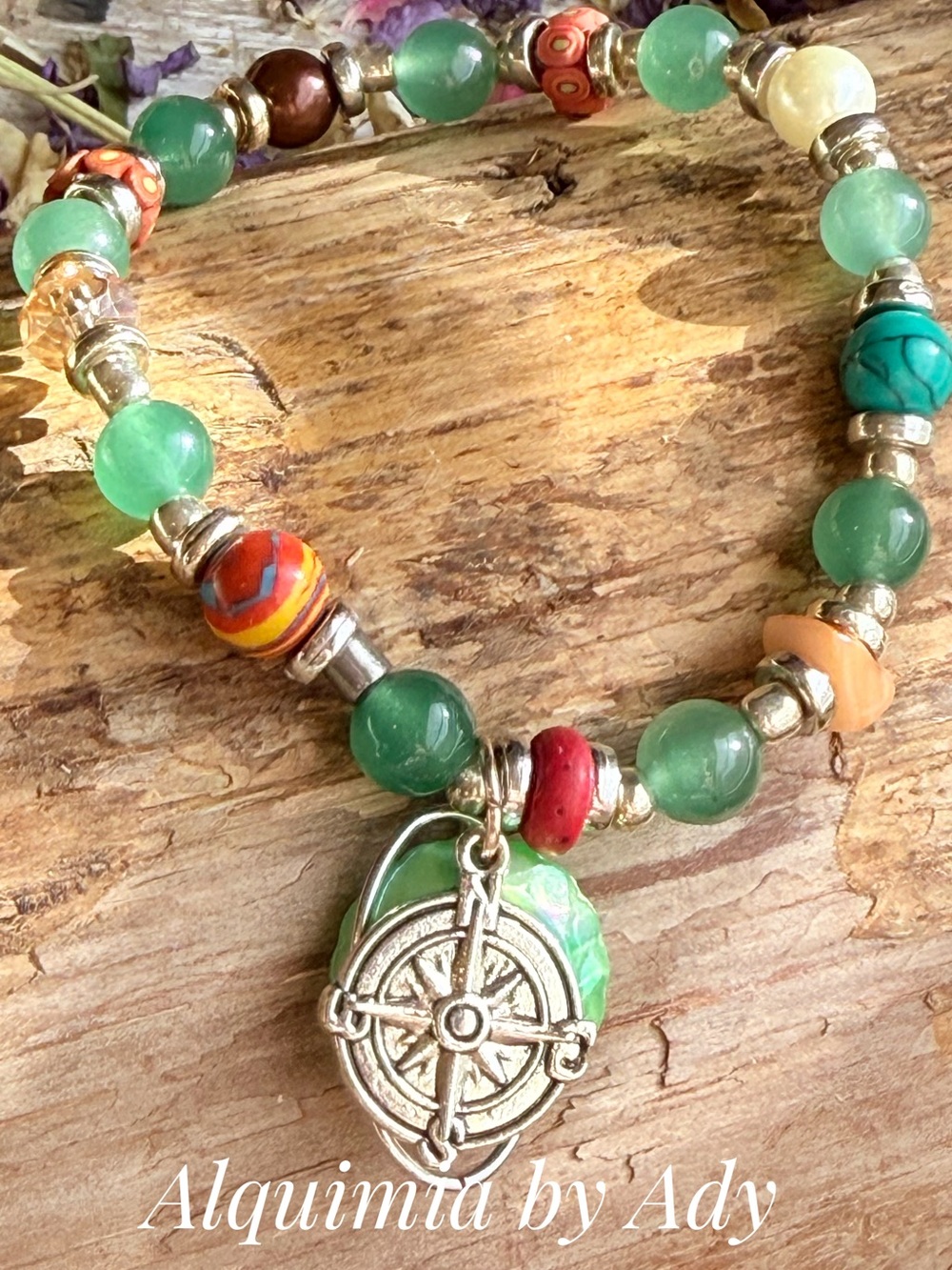 Aventurine Green Beaded Bracelet with Compass Charm and Multicolor Accents